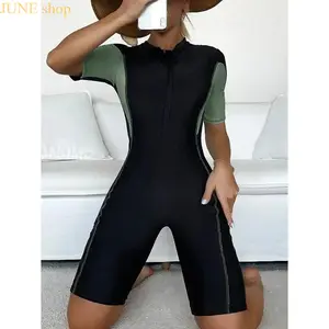 Women’s Colorblock Zip Front One Piece Swimsuit, Secure Closure Streamlined Slim Fit Supportive Sporty Bathing Suit Versatile Beachwear for Summer Vacations Pool Activities Outdoor Resort Getaways
