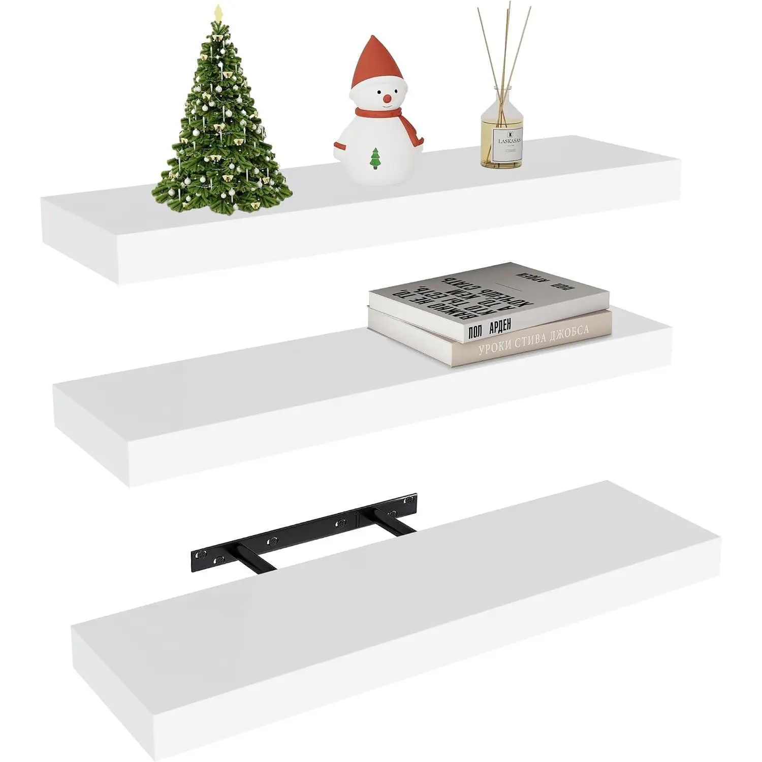 White Floating Shelves for Wall, 24" Rustic Wood Deep Wall Mounted Shelves with Invisible Brackets for Decor & Storage, Floating Shelf for Living Room, Bathroom (Set of 3)