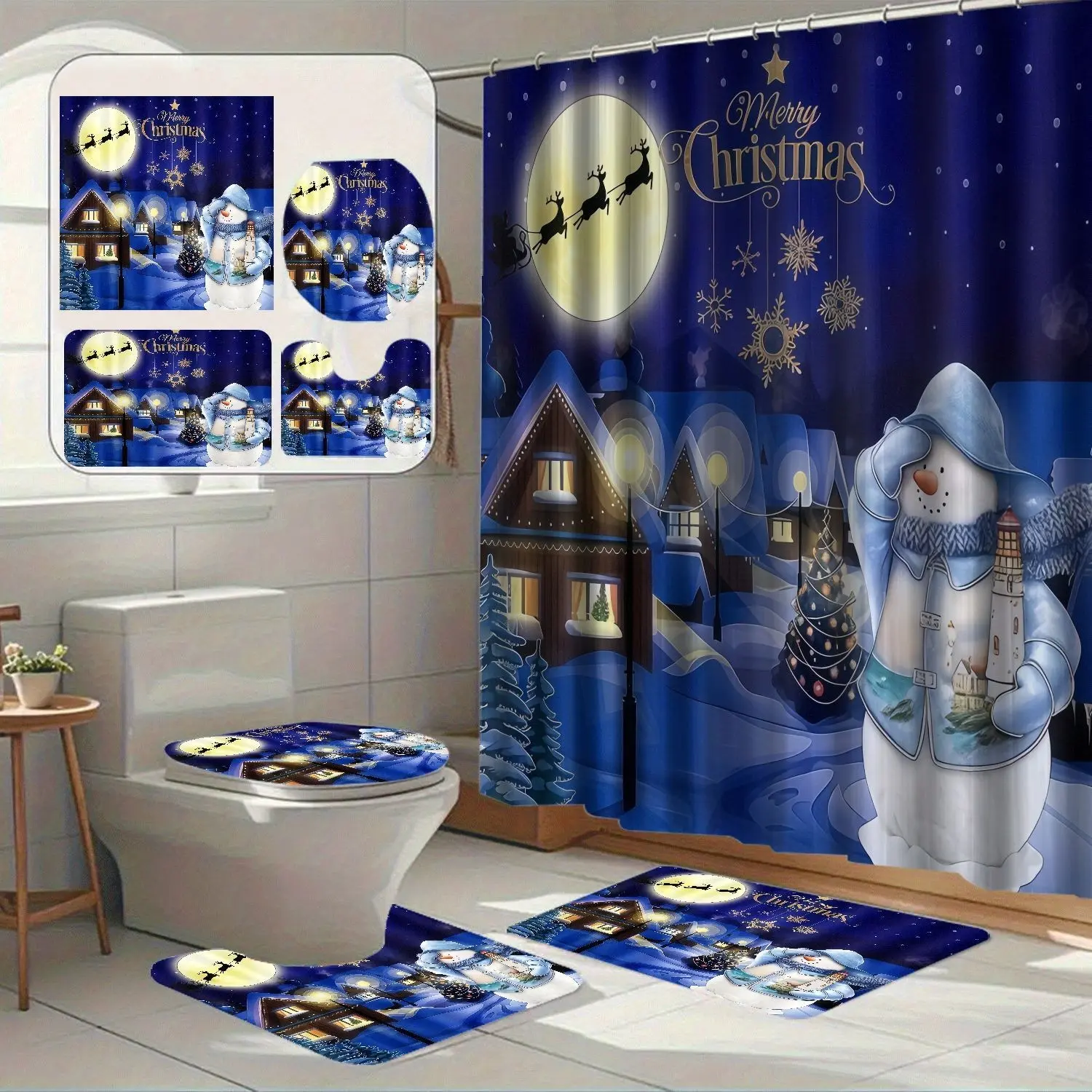 Christmas Bathroom Curtain Set, Snowman Night Scene Print, 100% Polyester, Waterproof, 4-Piece, Festive Holiday Decor, Blue Base