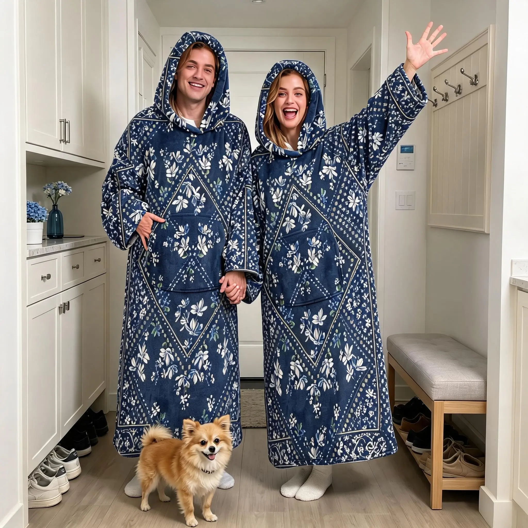 Flannel Hooded Wearable Blanket, Couples Floral Print Long Coat, Elegant Home Lazy Blanket with Large Pockets, Halloween Christmas Gift