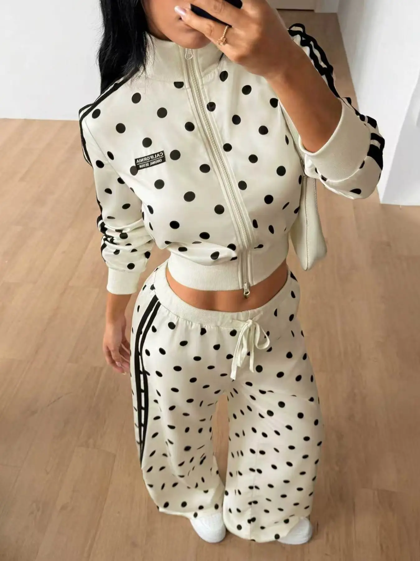 New Fall Women's Polka Dot Print Zipper Jacket, Loose Fitting Jacket, Casual Daily Wear, Blogger Style, Trendy Outerwear for Autumn
