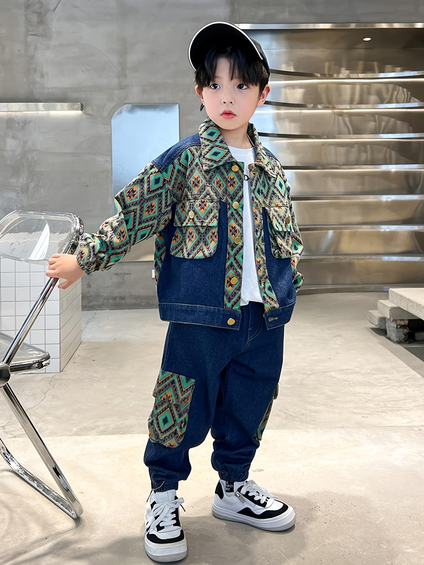 NewSuit Boys' Autumn Wear 2025 New Style Big Spring And Autumn Style Rogue Handsome Clothes Foreign Style Bohemian Style Fashion Suit Faux Denim Suit Two-Piece Set, for Outdoor