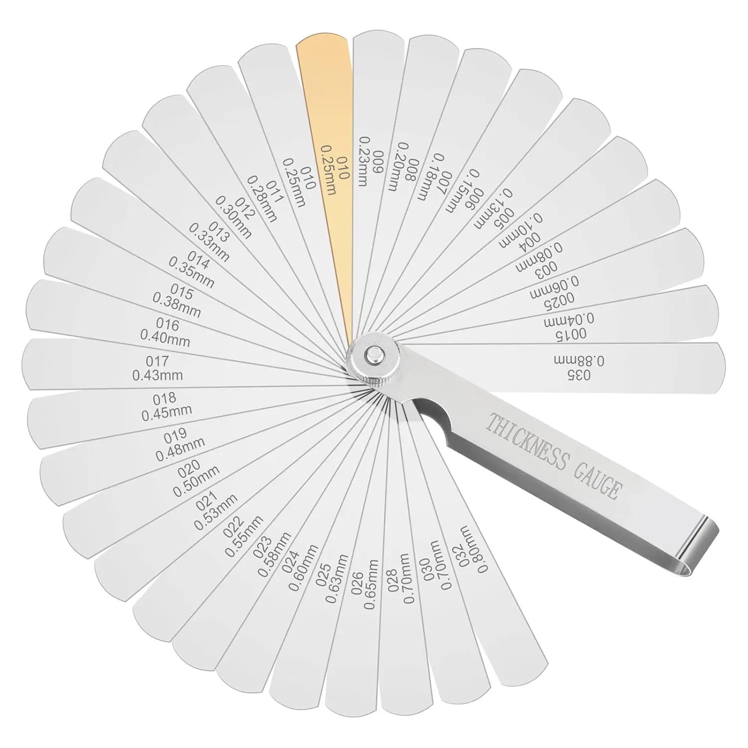 Stainless Steel Feeler Gauge - 32 Leaves, 0.04-0.88 mm (0.0015-0.035 in) Precision Gap Measuring Tool with Anti-Rust Oil, for Valve Adjustment, Bearing Gaps, Guitars, Basses, Marked Metric & Imperial Scales, Foldable, 0.0015 To 0.035 Inch
