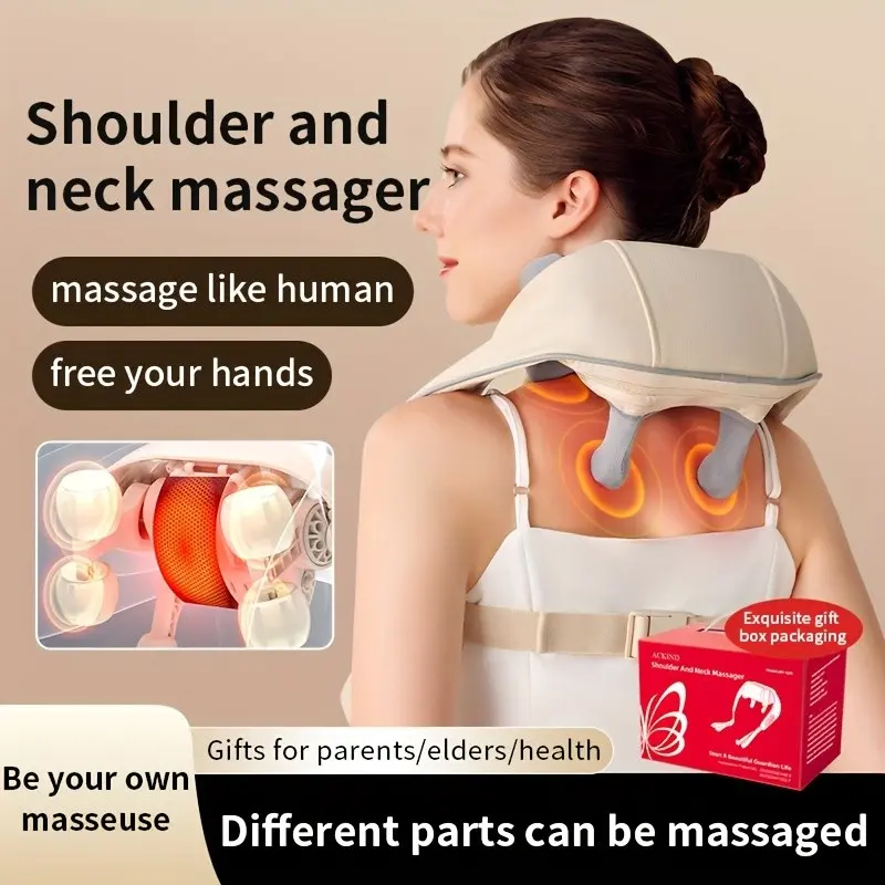 Wireless shoulder and neck massager, neck/shoulder/back/calf multi-part massage, 6 massage heads, two-way kneading +hot compress, 45° golden angle, portable home office travel, removable and washable cloth cover.