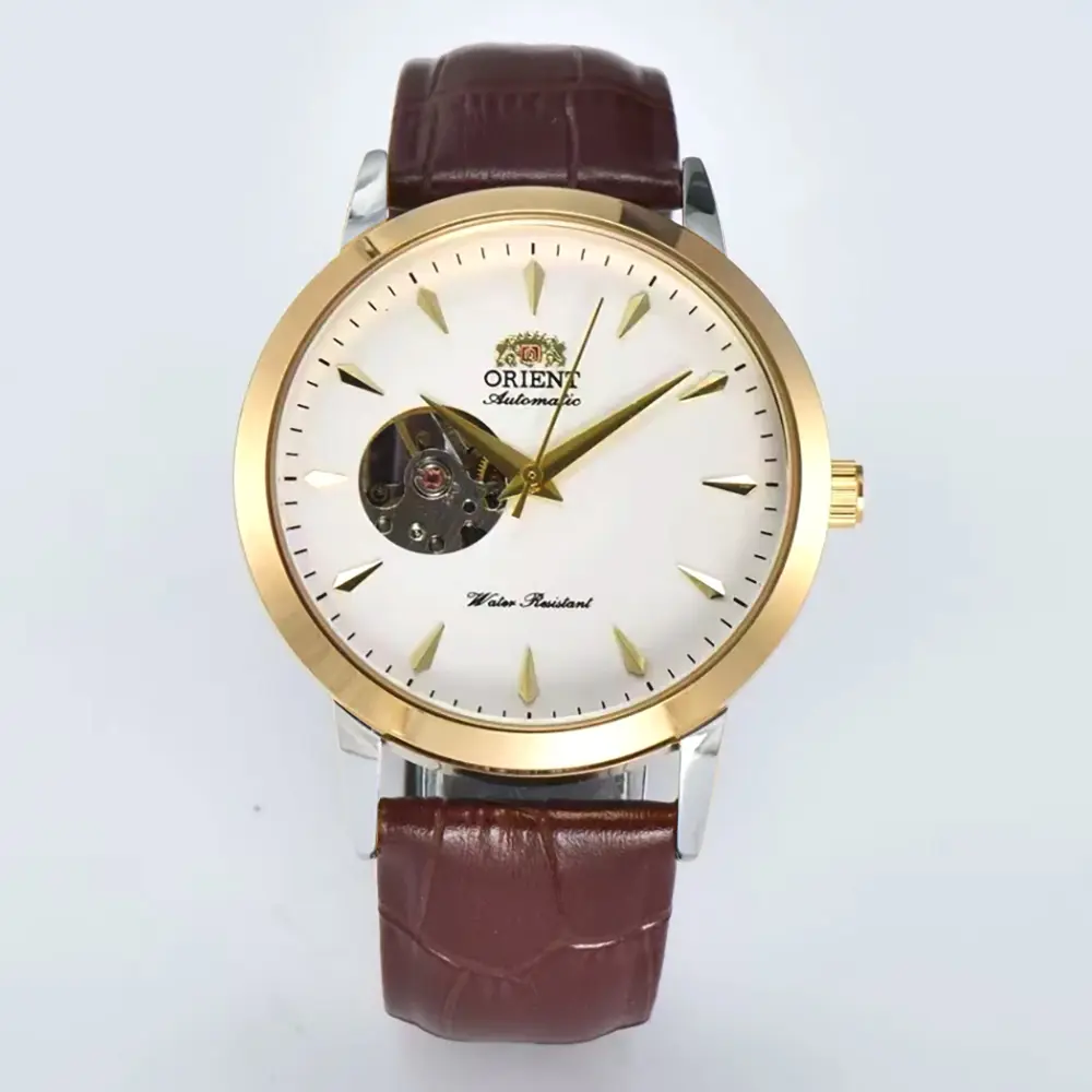 Men's Orient Hollow Dial Automatic Mechanical Watch, Luxury Gold-Silver Leather Strap, Business Dress Wristwatch for Men Gift