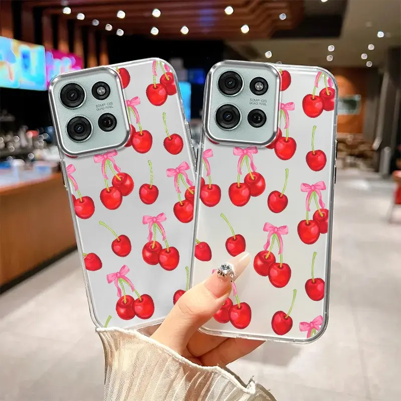 BOLYKNERS Slim Fit Phone Case Shell for Motorola Moto G75, Impact-Resistant & Scratch-Resistant Accessories, Long-Lasting Exclusive Sweet Pink Bow & Red Cherry Print Protection Cover, High-Toughness Tpu