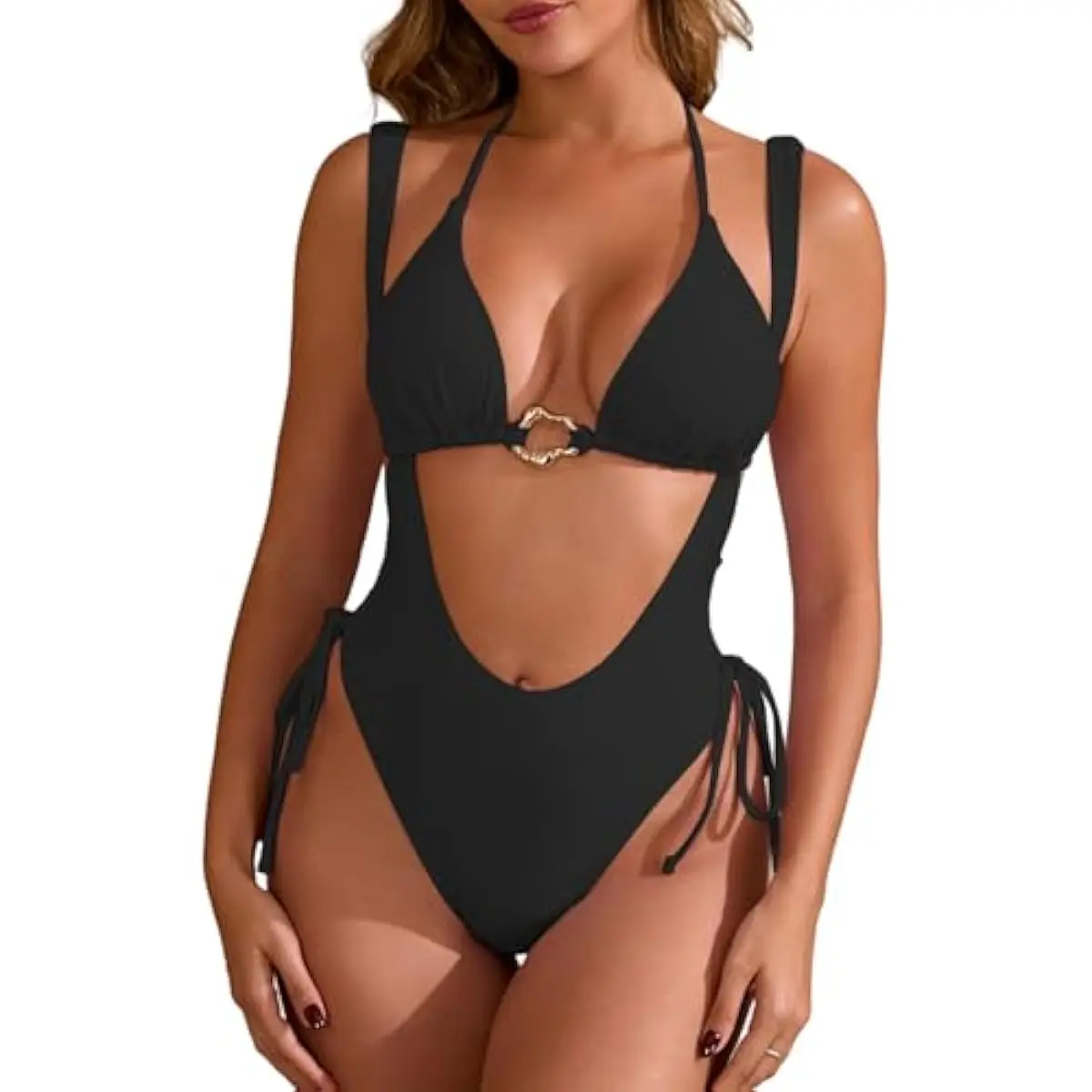 Women's Triangle Halter Bikini Set, Sexy Deep V High Cut 2 Piece Swimsuit with Drawstring Waist Beachwear, 2 Piece Sets, Two Piece Set, V-Neck
