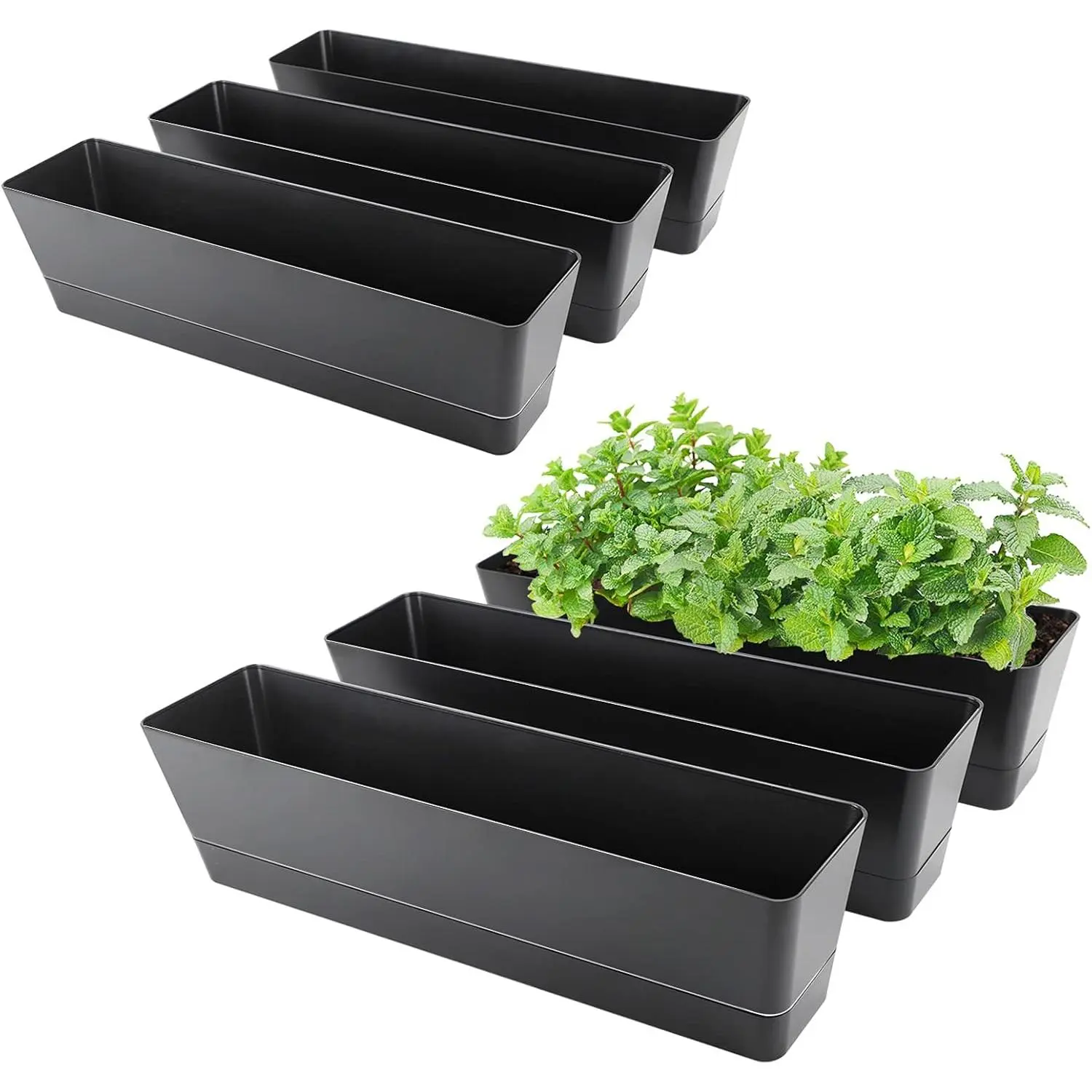 Rectangle Window Boxes, 6 count 16x3.8 Inch Black  Planters with RemovableTray and Drainage Hole, Succulent  Plastic Pot for Balcony, Office, Windowsill, Garden, Outdoor Decoration Use