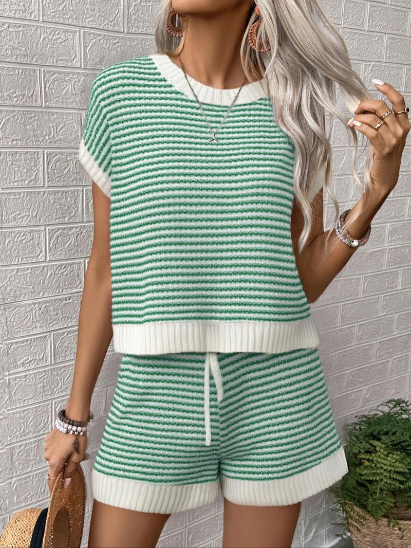 Women's Solid Ribbed Knit Sweater & Elastic Waist Shorts Two-Piece Set, Casual Fashion Cozy Knitwear Set for Daily Outdoor Wear, Ladies Clothes for Spring & Summer, Suits, Cute Summer Outfit, Striped Knit Sets