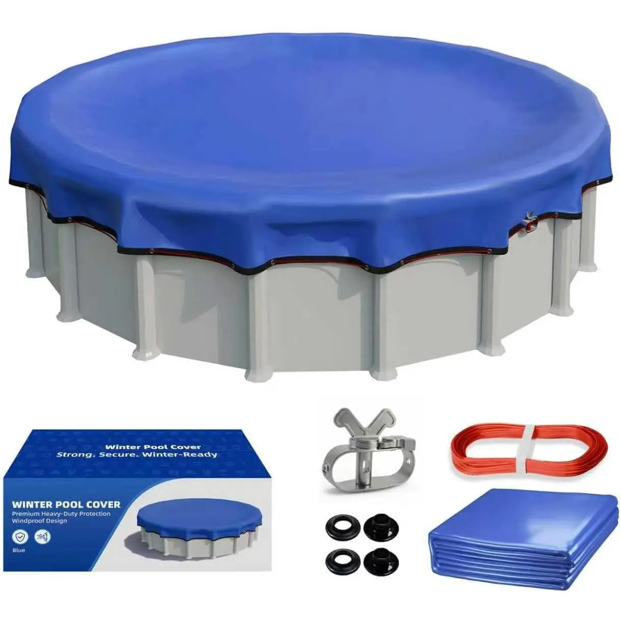 [Upgrade] 18ft/21ft/24ft/28ft Pool Cover for Above Ground Pools,18  Winter Round Swimming Pool Cover with 4 Foot Overlap Extra Thick 500D  & Heavy-Duty Winch 18 Foot Round Pool Covers Blue
