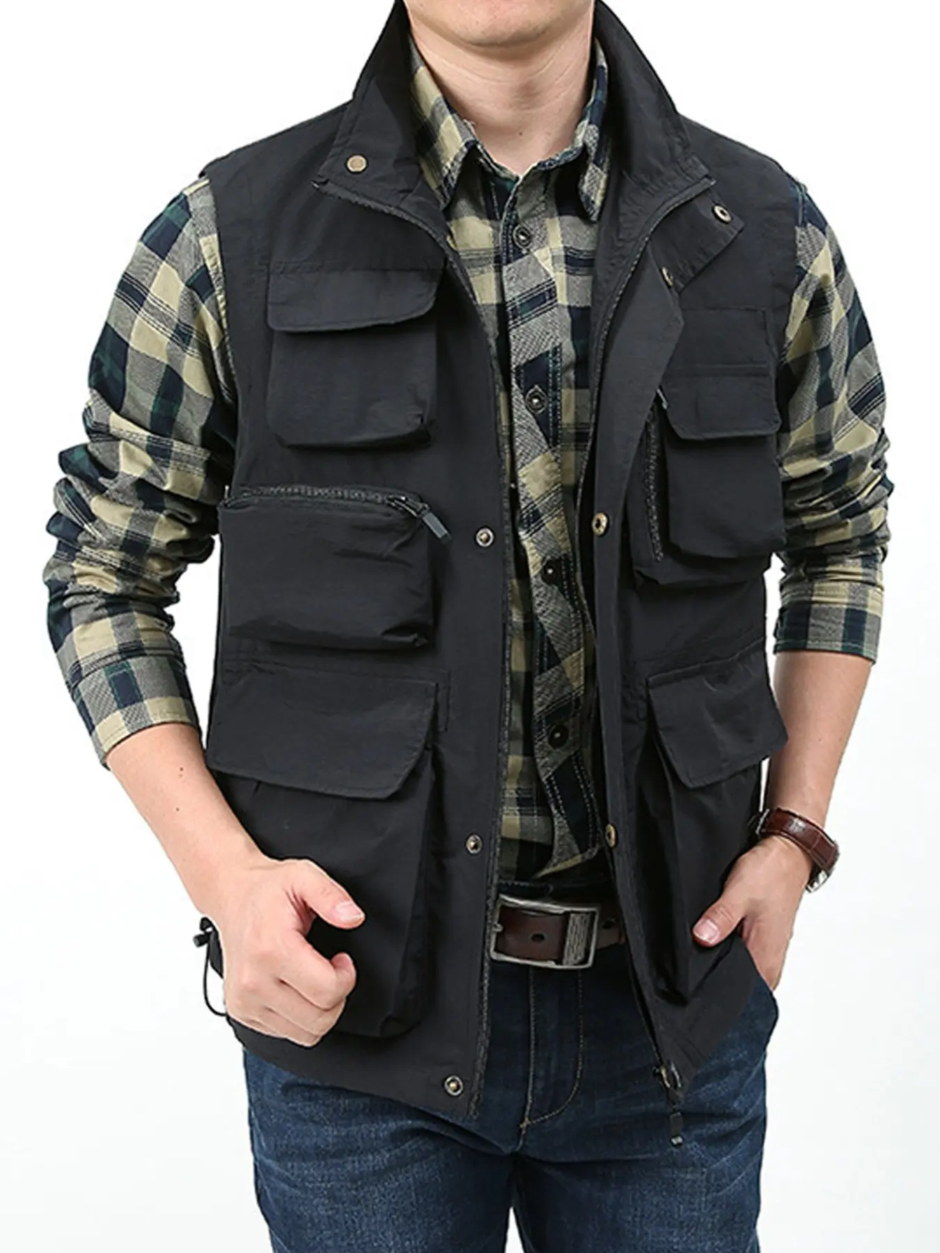 Men's Plain Outer Vest, Quick-Dry Multi-Pocket Photography Workwear, Fishing Gear Jacket, Sporty Loose-Fit, All Seasons
