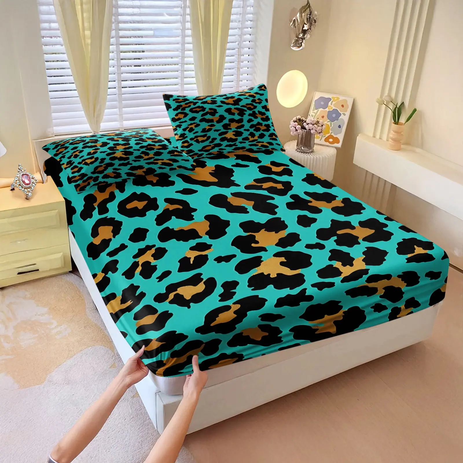 Leopard Print Fitted Sheet Set, 3Pcs Digital Print Bedding Set, Bedsheet Sets, Leopard Print Sheets, All Season, Perfect Bedroom Home Decor, Ideal Gift Leopard Print Lovers. 2 Pillowcase, No Filling