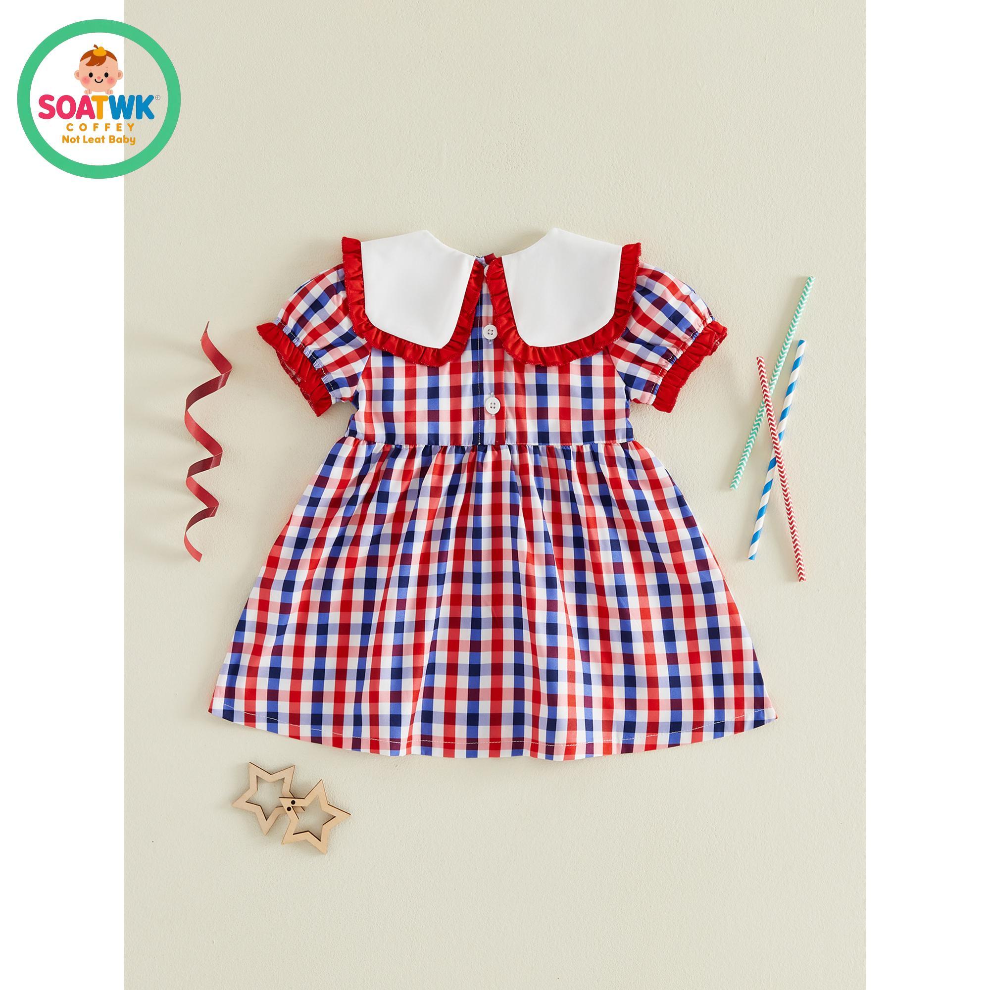 Little Girl 4th of July Dresses American Flag Firework Embroidered Short Sleeve A-line Gingham Dresses for Summer Spring