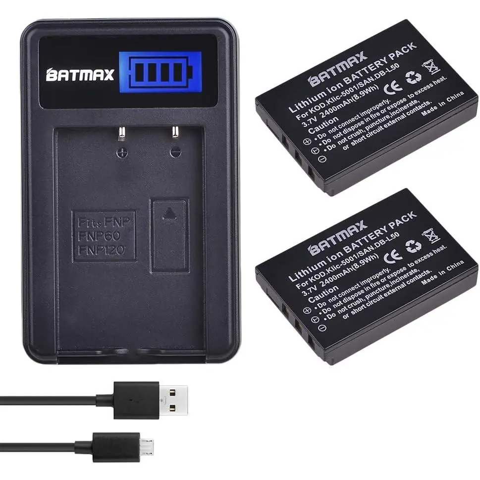 Batmax 2x 2400mAh KLIC-5001 Li-ion Battery + LCD USB Charger for Kodak Easyshare P712 P850 P880 Z730 Z760 Z7590 DX6490 DX7440 DX7590 DX7630 Zoom and Sanyo DB-L50 DMX-WH1 HD1010 FH11 HD2000 VPC-WH1 HD2