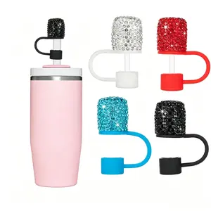 2026 New Model Lightweight Stylish Clay & Rhinestone Cylindrical Silicone Straw Cover, Premium Topper Cap, Portable Tumbler Accessory for Dust & Spill Protection (Luggage & Bags Bag Accessory)