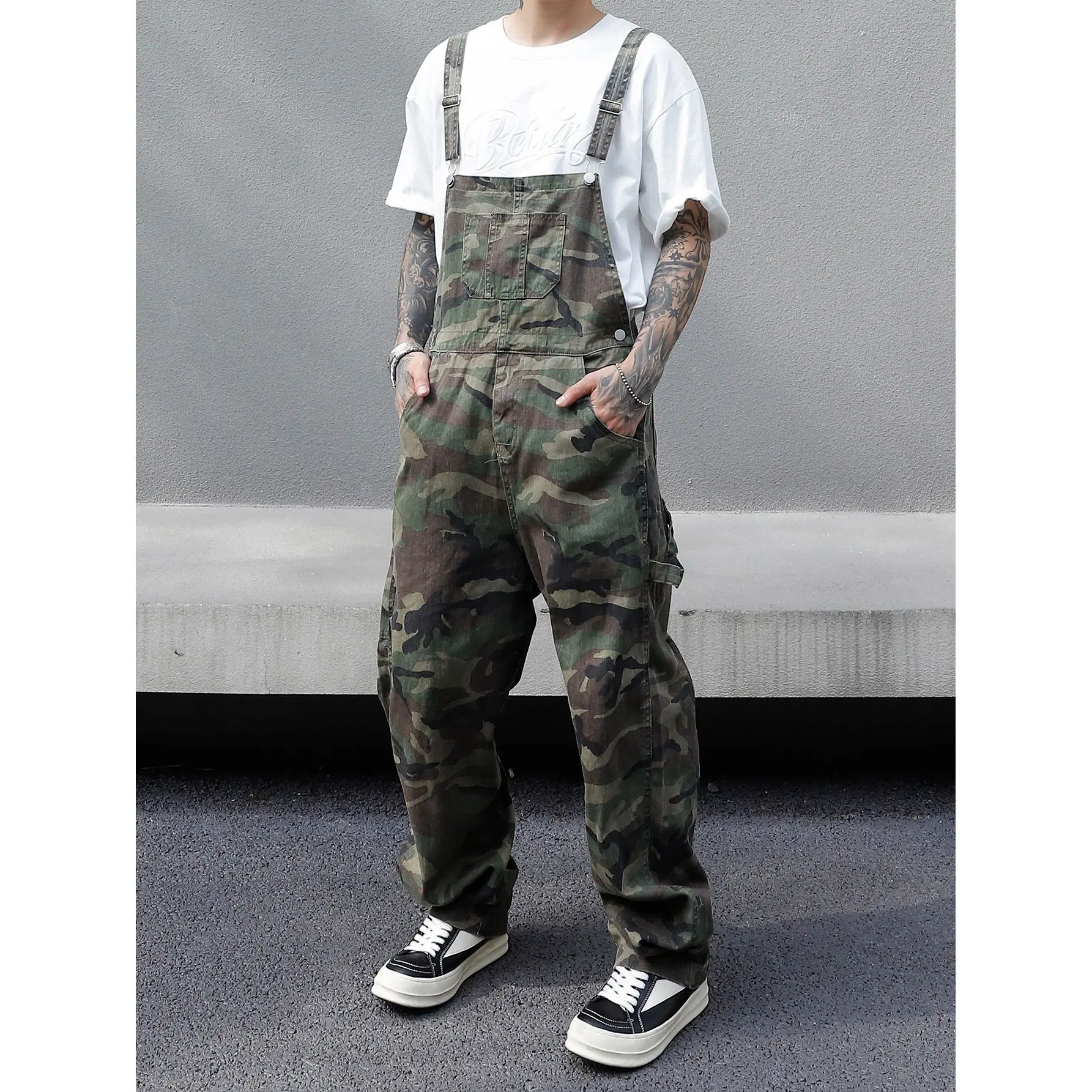 Men's 100% Cotton Oversize Baggy Cargo Suspender Overalls Pants - Retro Camo Print, Vintage Washed Denim, Soft Breathable Fabric, Stylish Basic Strapped Design, Pockets, Ideal for Outdoor Work & Casual Streetwear, Fashion, Bold Camo Print, Oversized, Grap