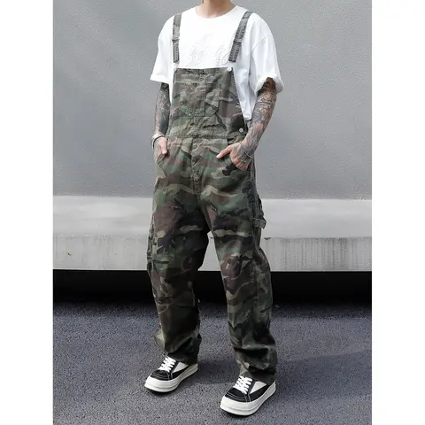 Men's 100% Pure Cotton Oversize Loose-Fit Camouflage Cargo Suspender Overalls Pants - Vintage Washed Denim, Bold Graphic, Classic Retro Vibe, Stylish Straps, Multiple Pockets, All Seasons, Sneaker Friendly, Menswear for Outdoors Casual Streetwear