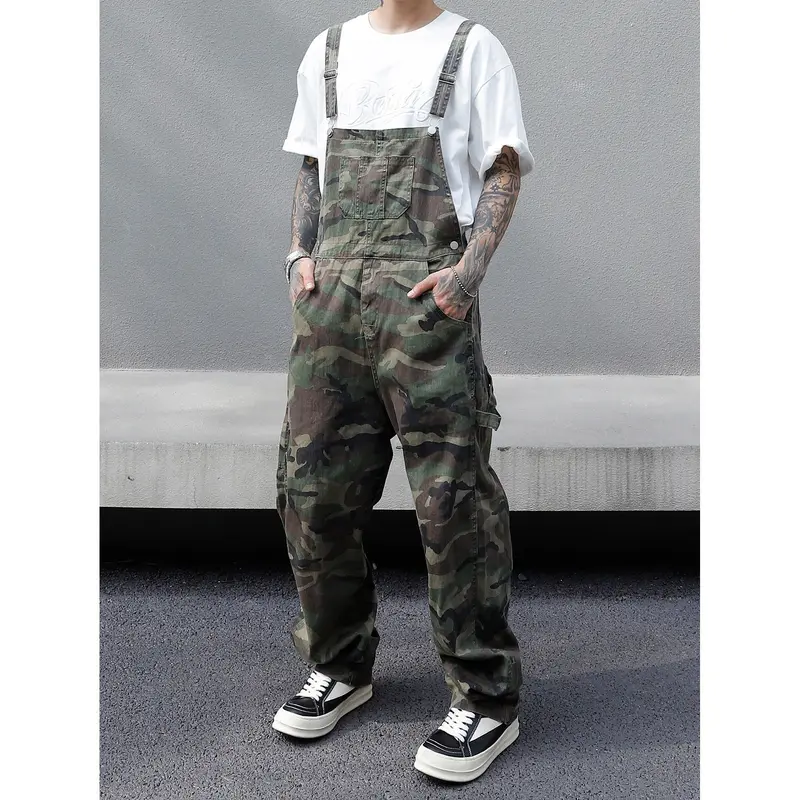 Men's 100% Pure Cotton Oversize Loose-Fit Camouflage Cargo Suspender Overalls Pants - Vintage Washed Denim, Bold Graphic, Classic Retro Vibe, Stylish Straps, Multiple Pockets, All Seasons, Sneaker Friendly, Menswear for Outdoors Casual Streetwear
