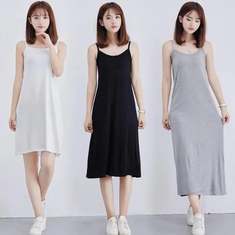 Women's Elegant Modal Full Slip Dress - Spaghetti Strap Inner Underdress, Long Length Vest Skirt Petticoat, M Size, 105cm Black, 120cm Long Option, Plain, 120Cm Gray