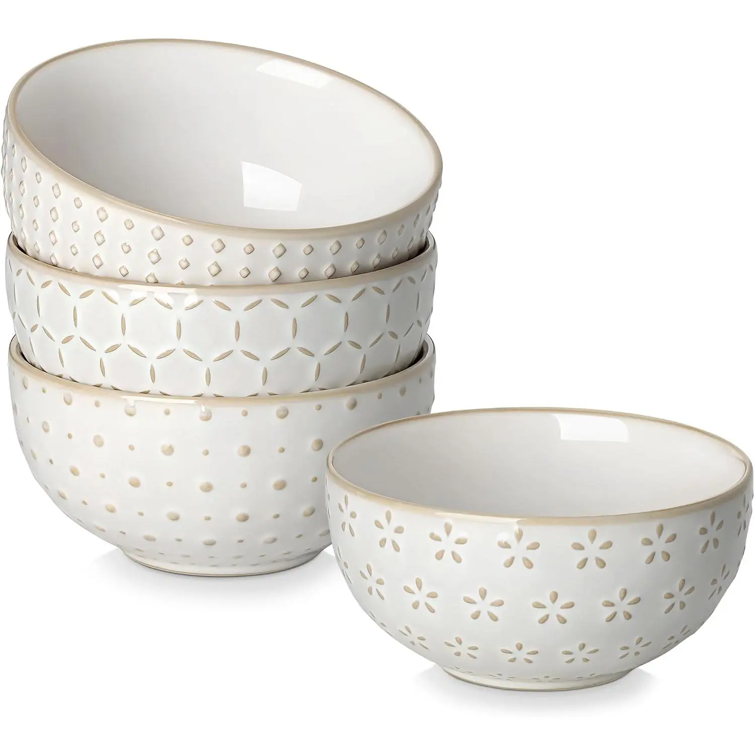 Small Bowls, 14 Ounce Ice Cream Bowl, Stoneware Dessert Bowls Set of 4 with Embossment for Snack, Chip, Fruits, Side Dishes - 4.5 Inch, Arctic White Series LYDIA
