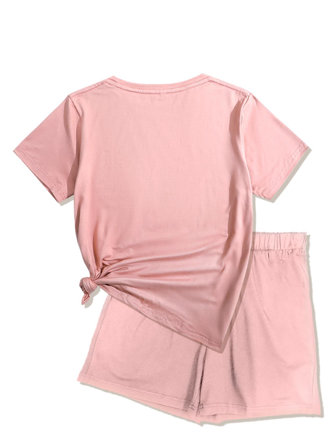 Two-Piece Set Women's Heart Print Tee & Shorts, Casual Fitted Short Sleeve Crewneck T-shirt & Skinny Shorts, Ladies Summer Clothes for Daily Wear