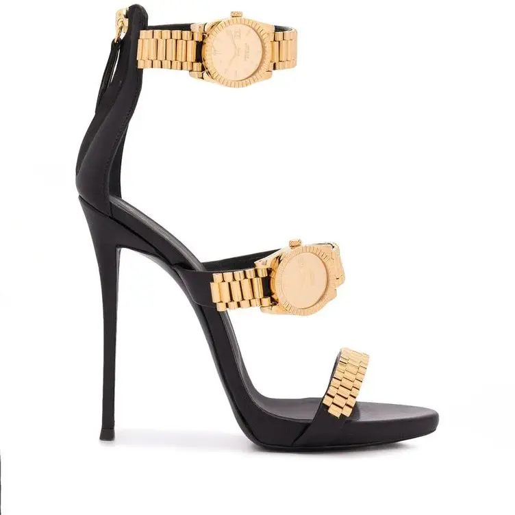 Women's Gold Open-Toe Strap Heeled Sandals - Summer New Round Head, Metal Watch-Strap Design, Banquet Dress Shoes, Large Size Customizable Footwear, Open-Toe Strap Women's Heeled Sandals