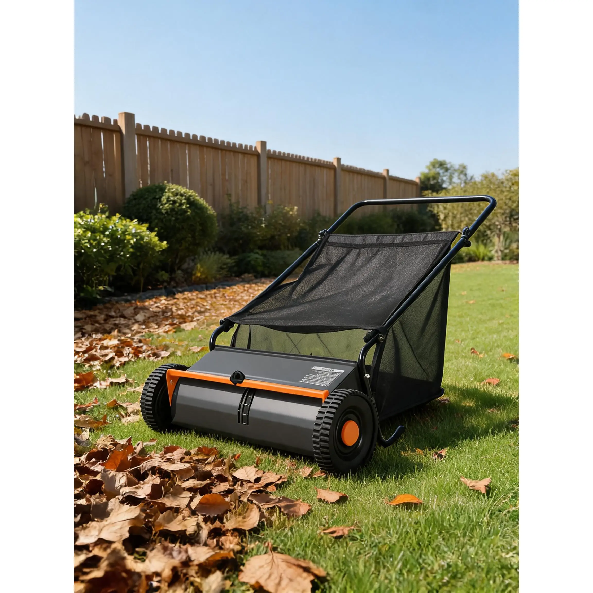 Garvee 26-Inch Heavy-Duty Push Lawn Sweeper with Handlebar Arm, 7 cu. ft Mesh Bag, 4-Brushes - Walk-Behind Yard Leaf & Grass Collector, Rubber Wheels, Non-Electric