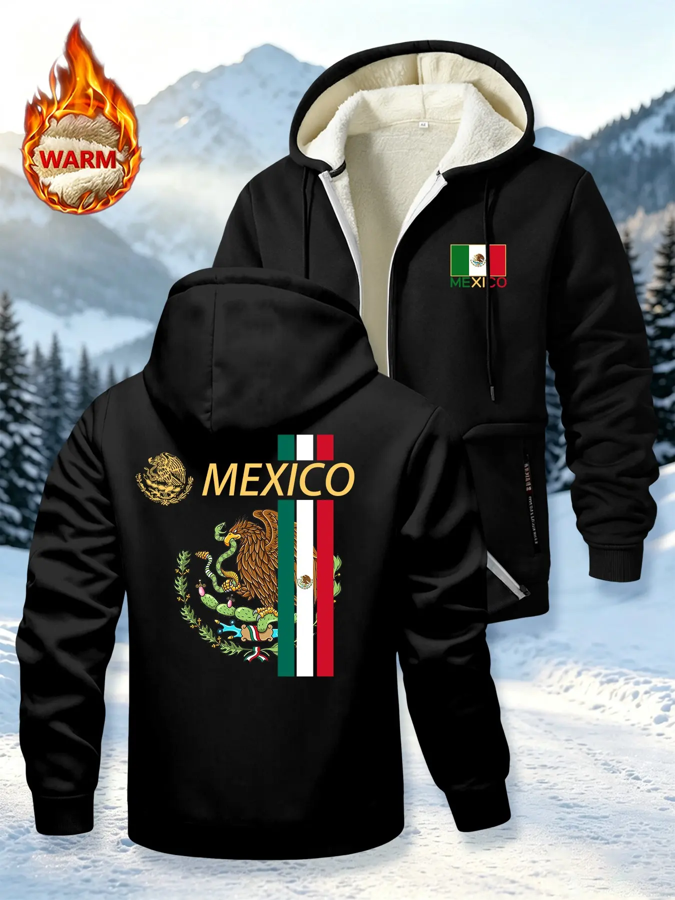 Mexico Memorial Men's Hooded Jacket, Eagle Snake Print, Fleece Lining, Thick Winter Coat, Casual Warm Zip-Up Sweatshirt