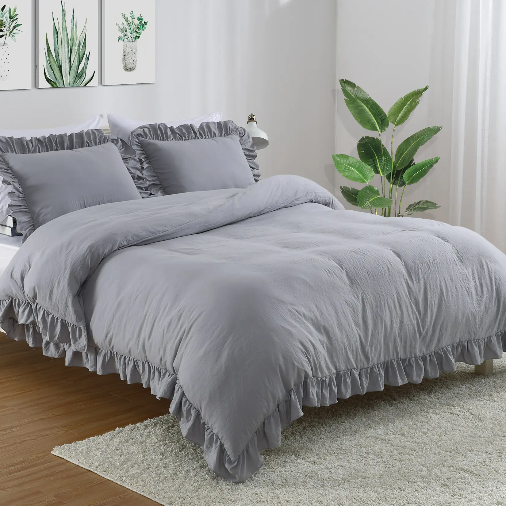 Shabby Chic Classic French Country Neutral Duvet Cover Set - Comfy Bedding Sets, Lightweight, Airy Ruffle, Soft Washed Microfiber, Skin-Gentle, Colorfast, 1 Duvet Cover & 2 Pillowcases, Machine Washable, Bedroom Decor, Lightweight Duvet Set