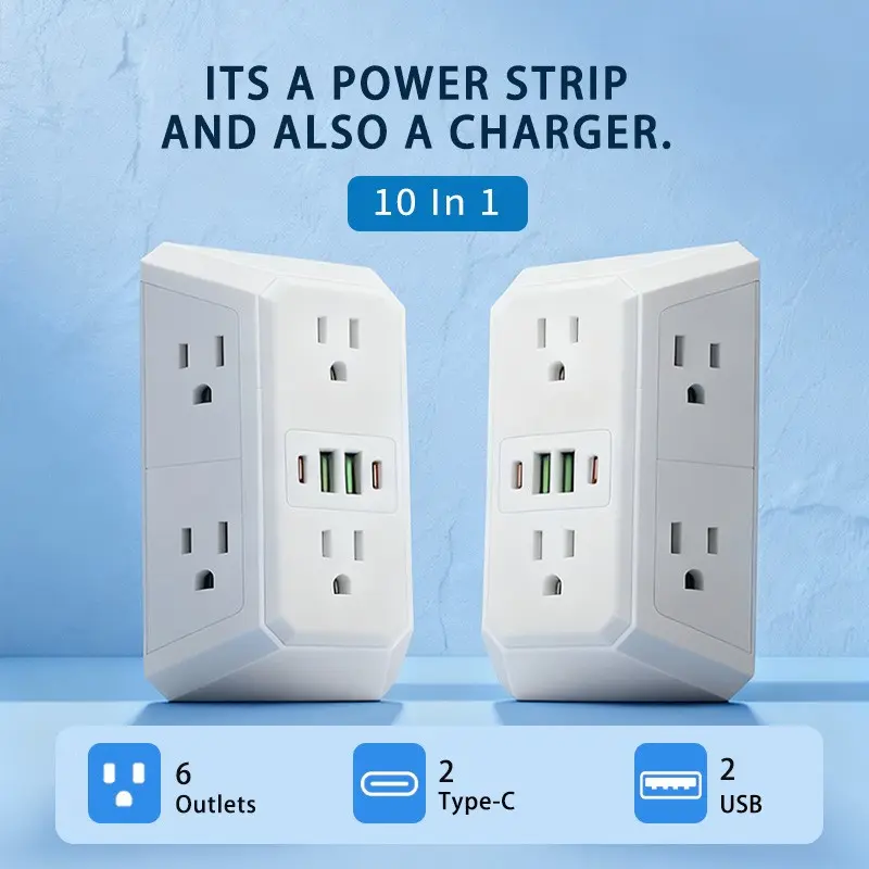Us Plug Socket with 6 Ac Outlets, 2 USB and 2 Type-C Ports, Standard Adapter Extender, Bedroom Kitchen Living Room Multi-Function Power Outlet