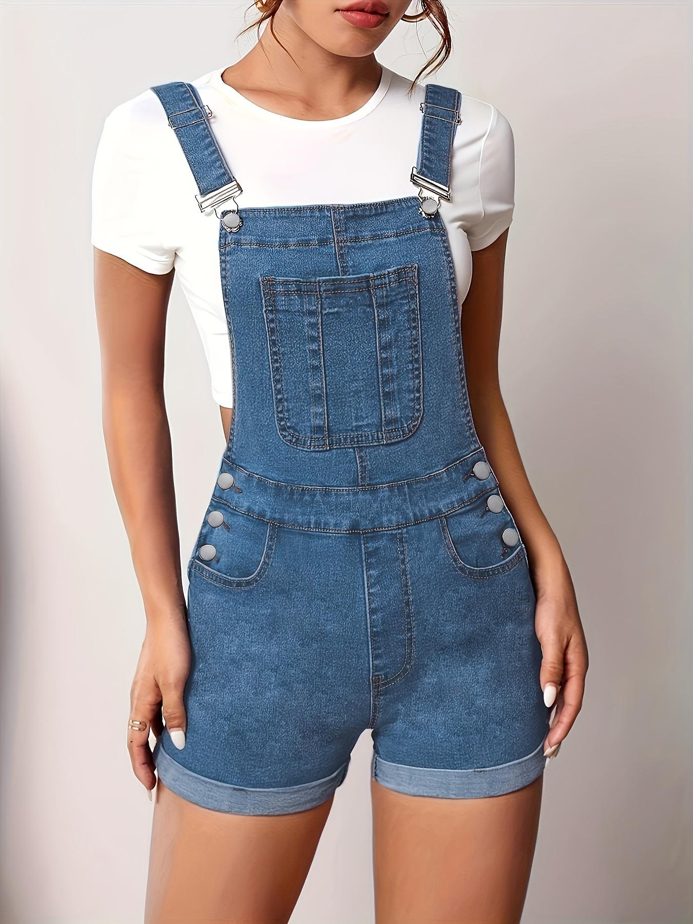 Women's Solid Color Button Fly Denim Overalls, Casual Chic Comfy Skinny Overalls for Daily Wear, Ladies Clothes for Summer