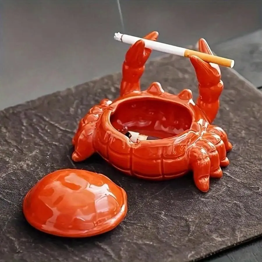 Crab-shaped resin ashtray with a lid, a creative multi-functional tabletop decorative item, a small piece of furniture for home office, a retro-style home decoration gift
