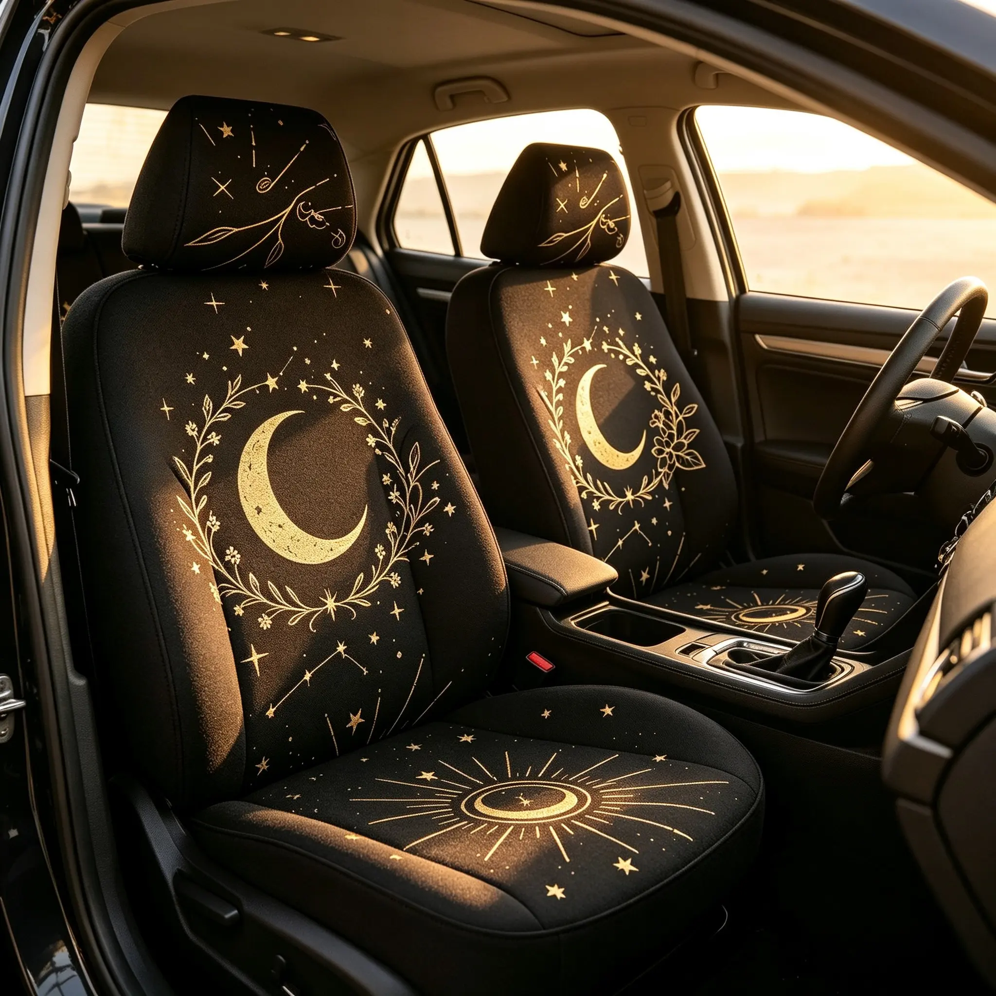 Patterned Stars-Moon Printed Protective Polyester Car Seat Covers for Women - Compatible with Cars, SUVs & Trucks