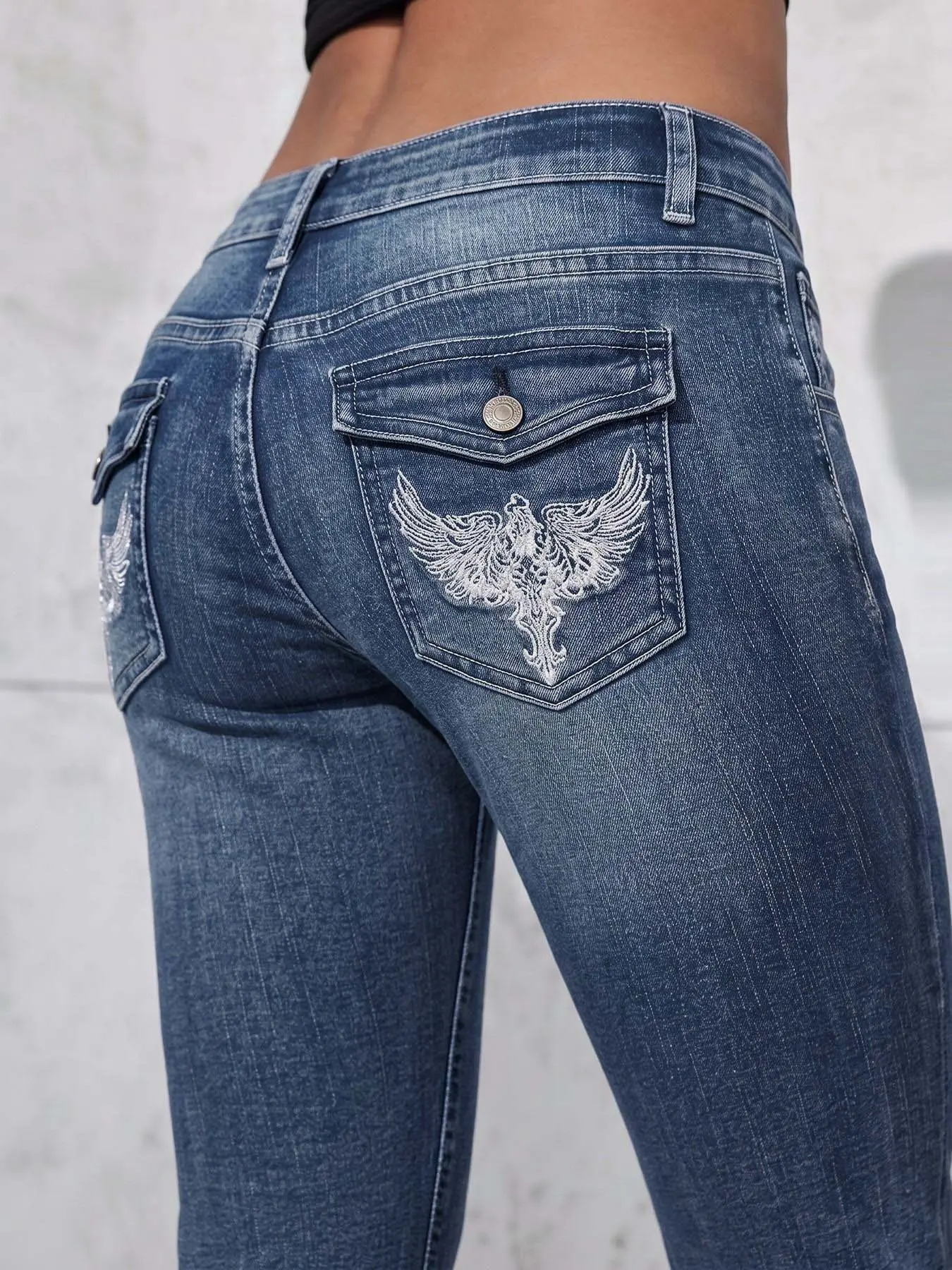 Vintage Eagle Embroidery Women's Micro Flare Jeans, Mid Waist Stretchy Bell Bottom Long Pants, Casual Streetwear for Daily Wear