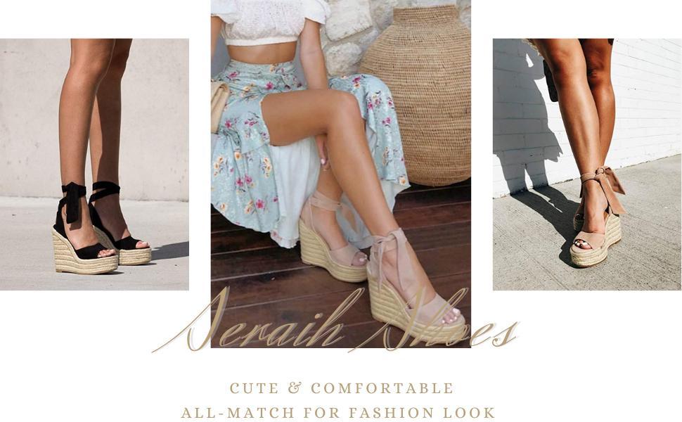 Fashare Womens Espadrilles Wedges Sandals Heels Open Toe Tie Lace Up Platform Ankle Strap Summer Dress Shoes