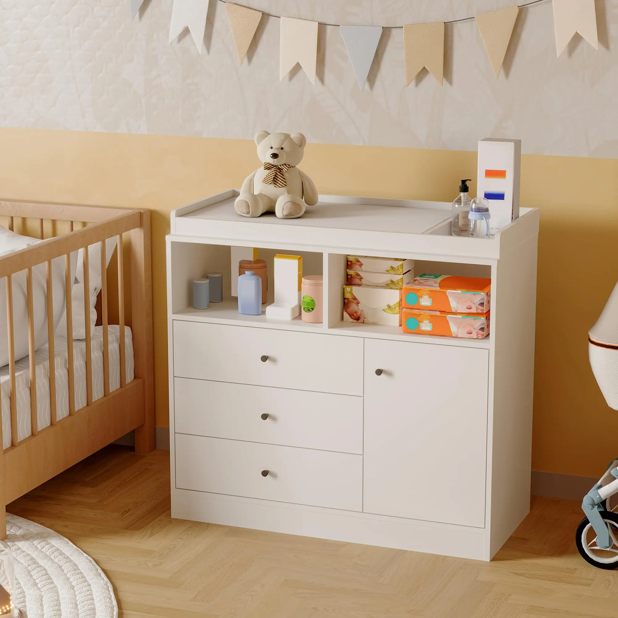 Modern Nursery Dresser and Changing Table - 3 Drawers, 2 Open Shelves, Cabinet - Multi-Functional Baby Changing Table, Easy Assembly
