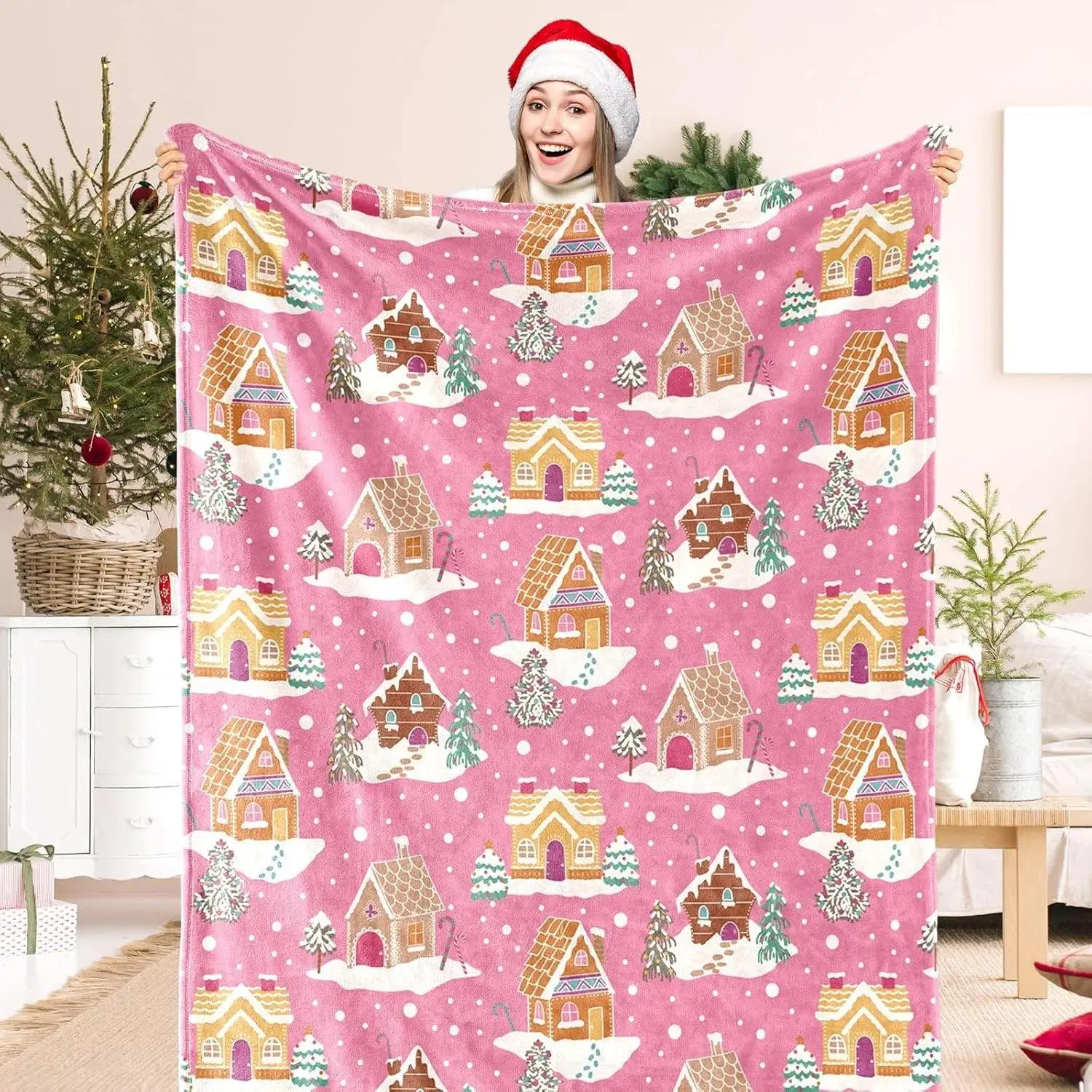 Pink Christmas Gingerbread House Blanket Flannel Throw Blanket Holiday Design for Winter Decor, Sofa Lounge, Bedroom and Festive Gatherings