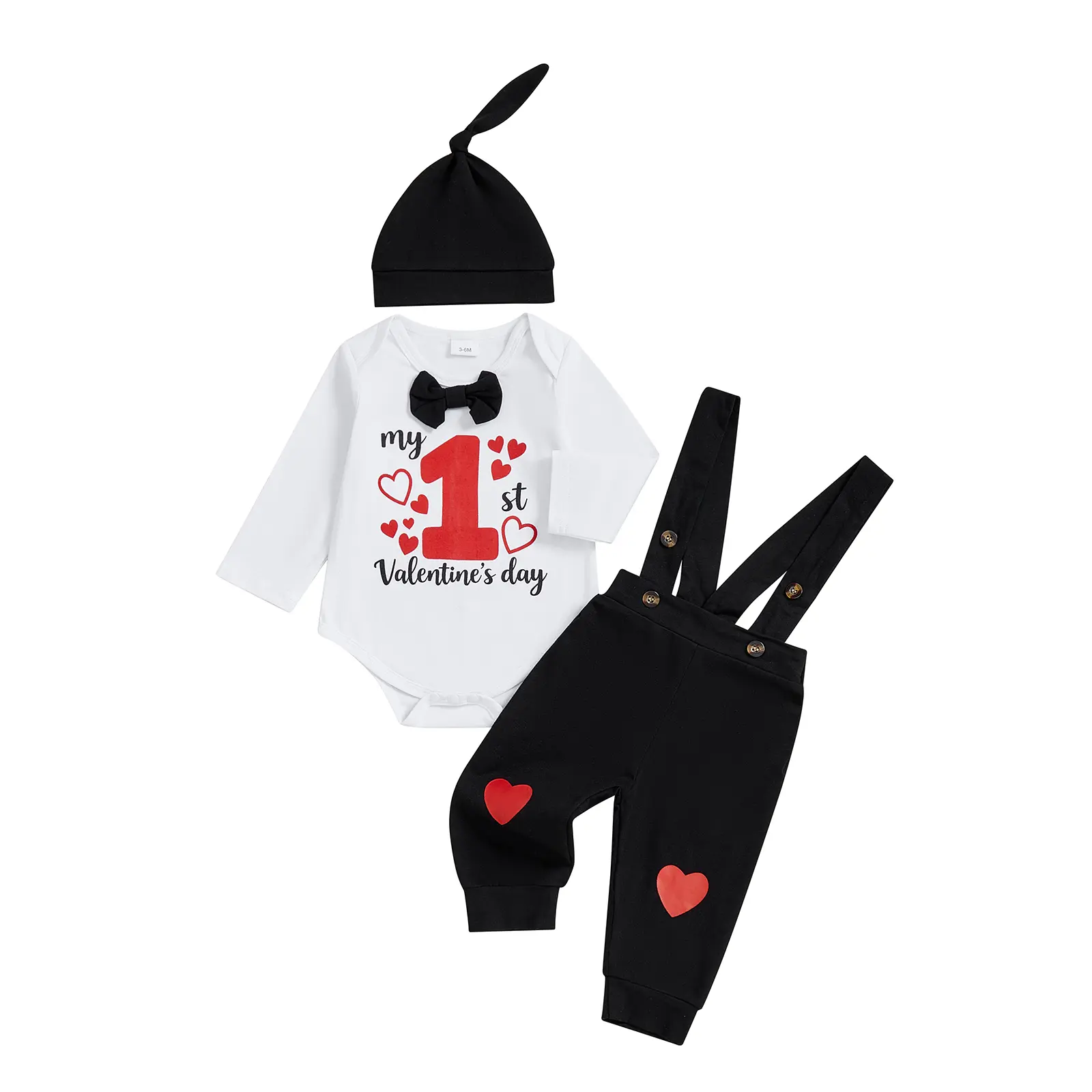 Baby Boy Valentine's Day Outfit Letter Love Heart Print Long Sleeve Rompers Suspender Pants Hat 3Pcs Set Infant Spring Fall Clothes