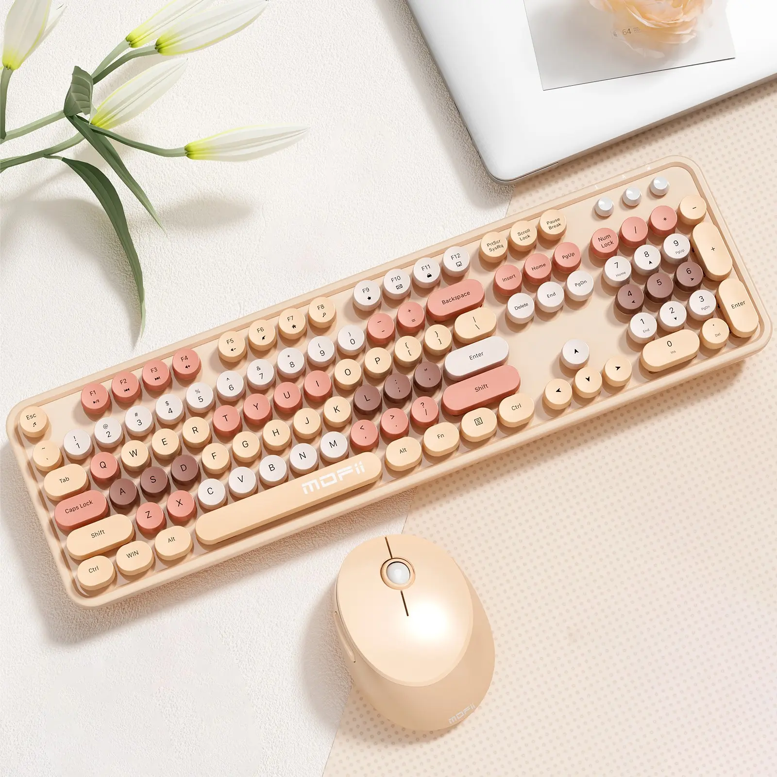 MOFii Milk Tea Gradient Retro Round Keycaps Wireless Keyboard and Mouse Set, 2.4G Wireless Office Combo, Compatible with Laptops & Desktop PCs
