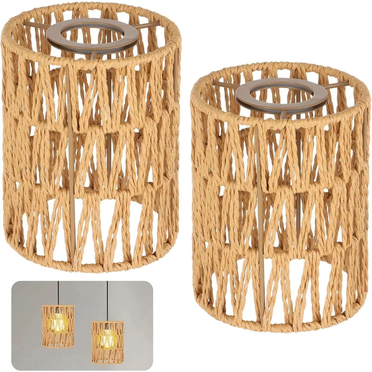 Rattan Lamp Shade Rattan Lamp Shades, Retro Farmhouse Wicker Lampshade Replacements,  Cylinder Woven Lamp Shades for Floor Lamps, Pendant Light, Chandelier, Sconces Light