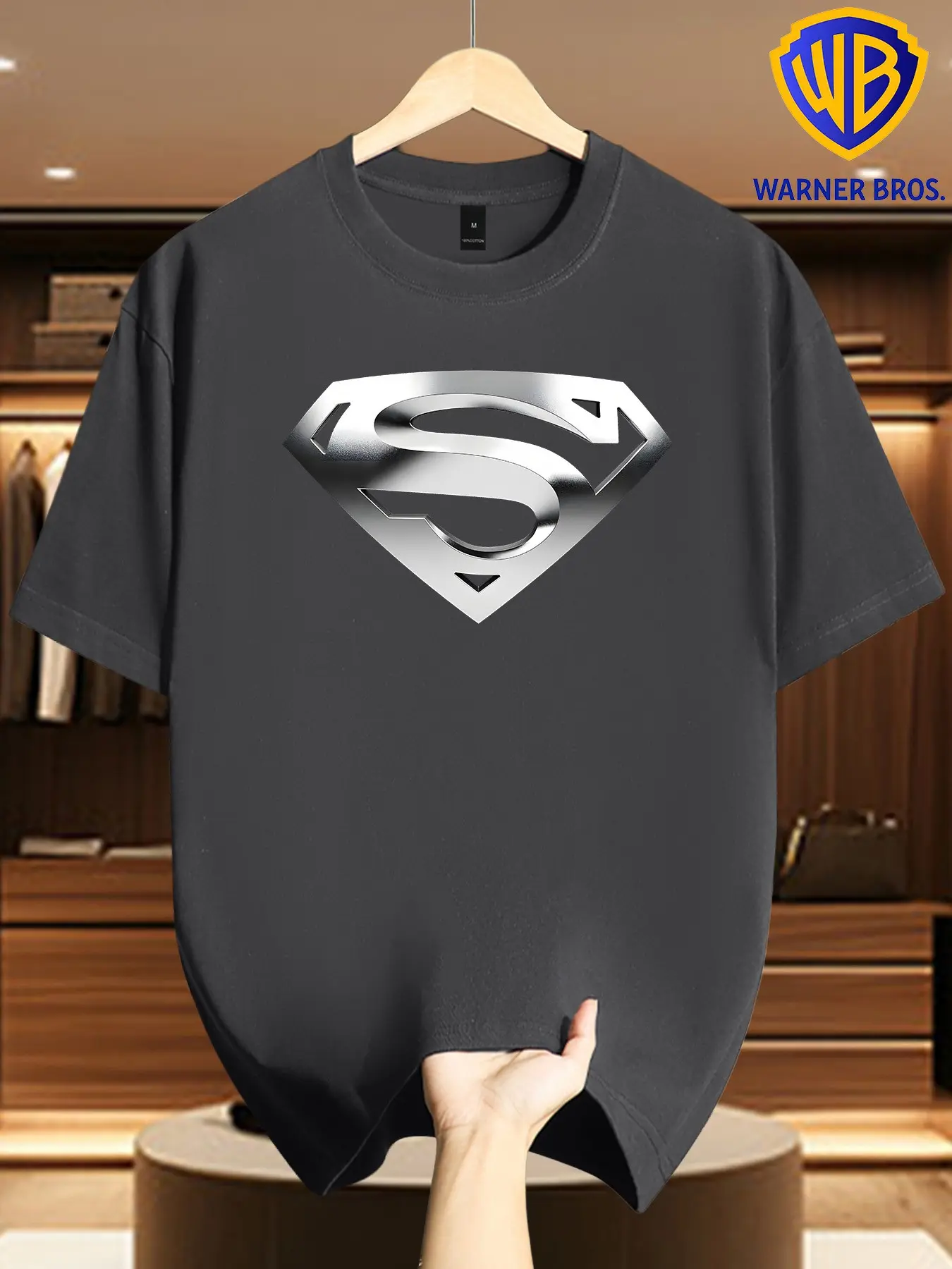 Warner Bros Men's Silver Color Superman Logo Print T-Shirt, Casual Long Sleeve Loose-Fit Streetwear Top, All over Print Superhero Symbol Tee