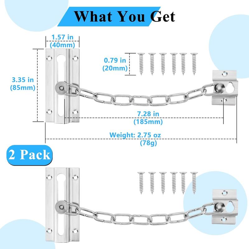 2 Pack Door Chain Lock, Stainless Steel Chain Locks for Inside Door, Premium Thickened with 12 Screws
