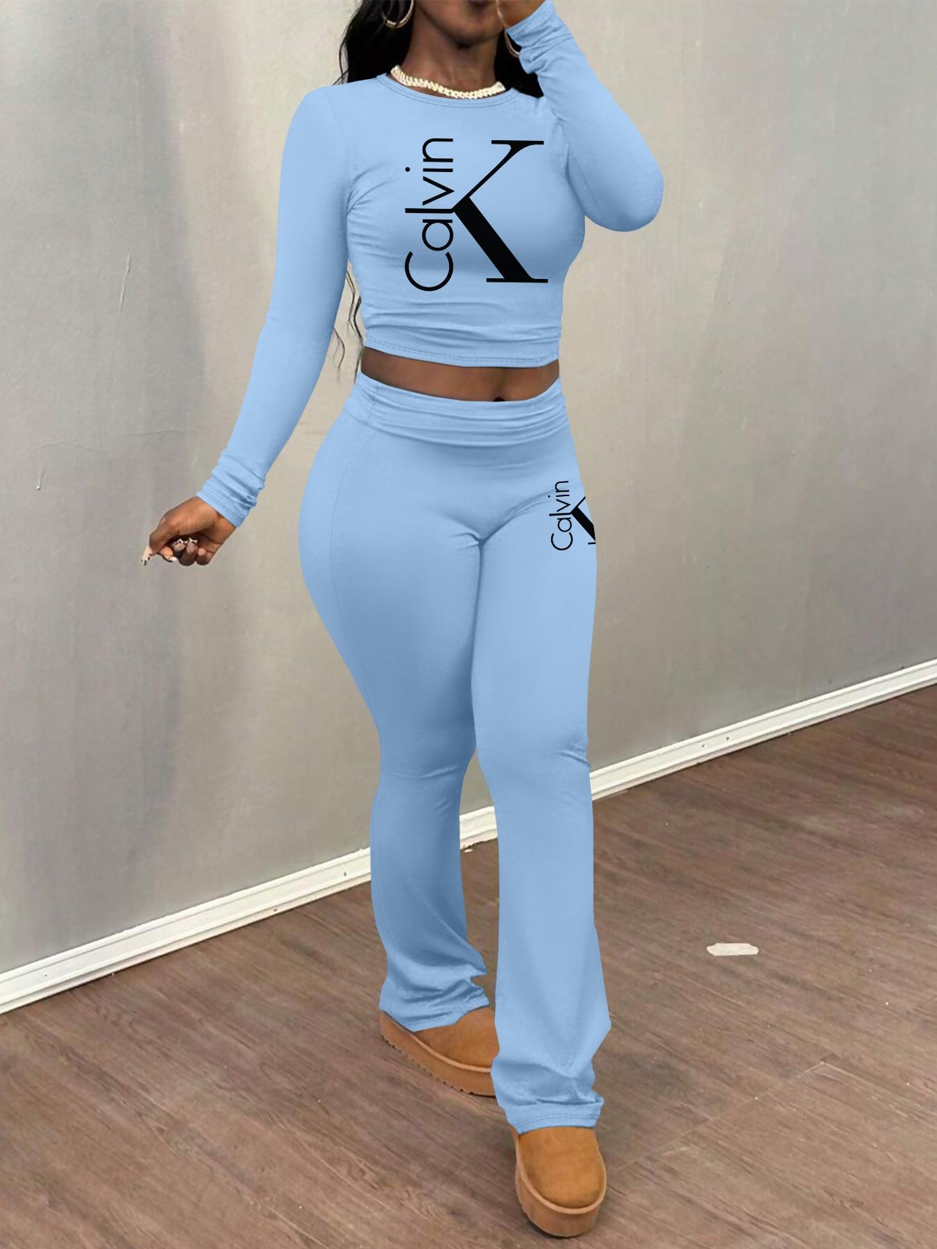 Cakvin Letter printing Women's Letter Print Long Sleeve Crop Tee & Plain Flare Leg Pants Two-Piece Set, Casual Fashion Cozy Round Neck Top & Bell Bottom Trousers for Daily Outdoor Wear, Women's Clothing for Fall & Winter