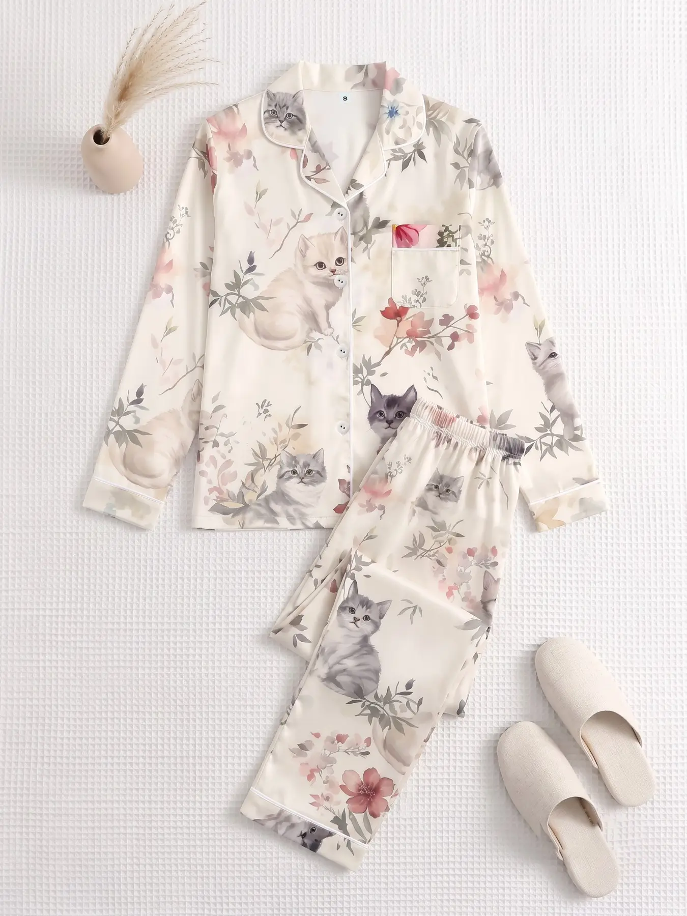 Women's Two-Piece Spring Fall Pajama Set, Long Sleeve Button-Up Shirt and Pants, Casual Home Wear, Watercolor Cat Flower Print