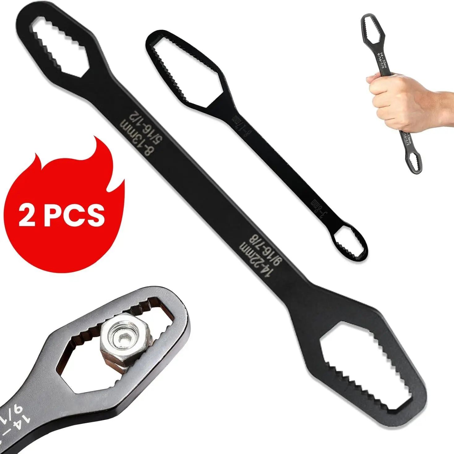 1/8"-7/8" (3-22mm) Double-Ended Spline Wrench, 2-Pack Self-Tightening Anti-Slip Hand Tool Set Dual Wrench Kit for Auto, Bike, Faucet, Home & Garage Repair