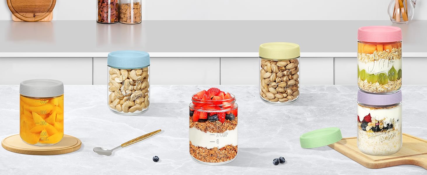 4-Pack 16oz Overnight Oats Containers with Airtight Lids - Jars with Measurement Marks for Yogurt, Meal Prep & Chia Pudding, Stackable & Leakproof 4-Pack 16oz Overnight Oats Containers with Airtight Lids - Jars with Measurement Marks for Yogurt, Meal Prep & Chia Pudding, Stackable & Leakproof