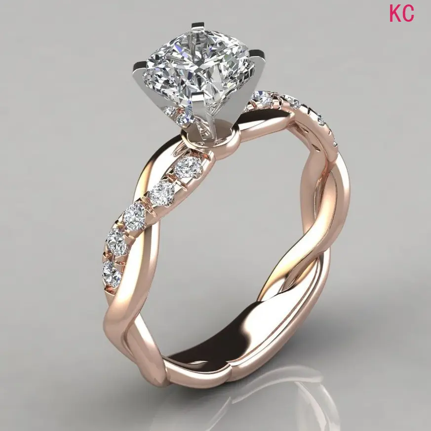 18K Rose Gold Two-tone Princess Cut Ring, Elegant Finger Jewelry For European American Women Engagement Occasions