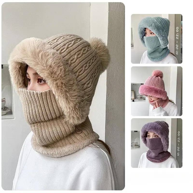 Winter Knit Beanie Hat for Women Fleece Lined Bomber Hat Thick Warm Cable Knit Pom Pom Earflap Cap with Face Mask Neck Warmer Set Outdoor Ski Cycling Balaclava Windproof Thermal Ear Warmer Headwear Fluffy Fur Trim