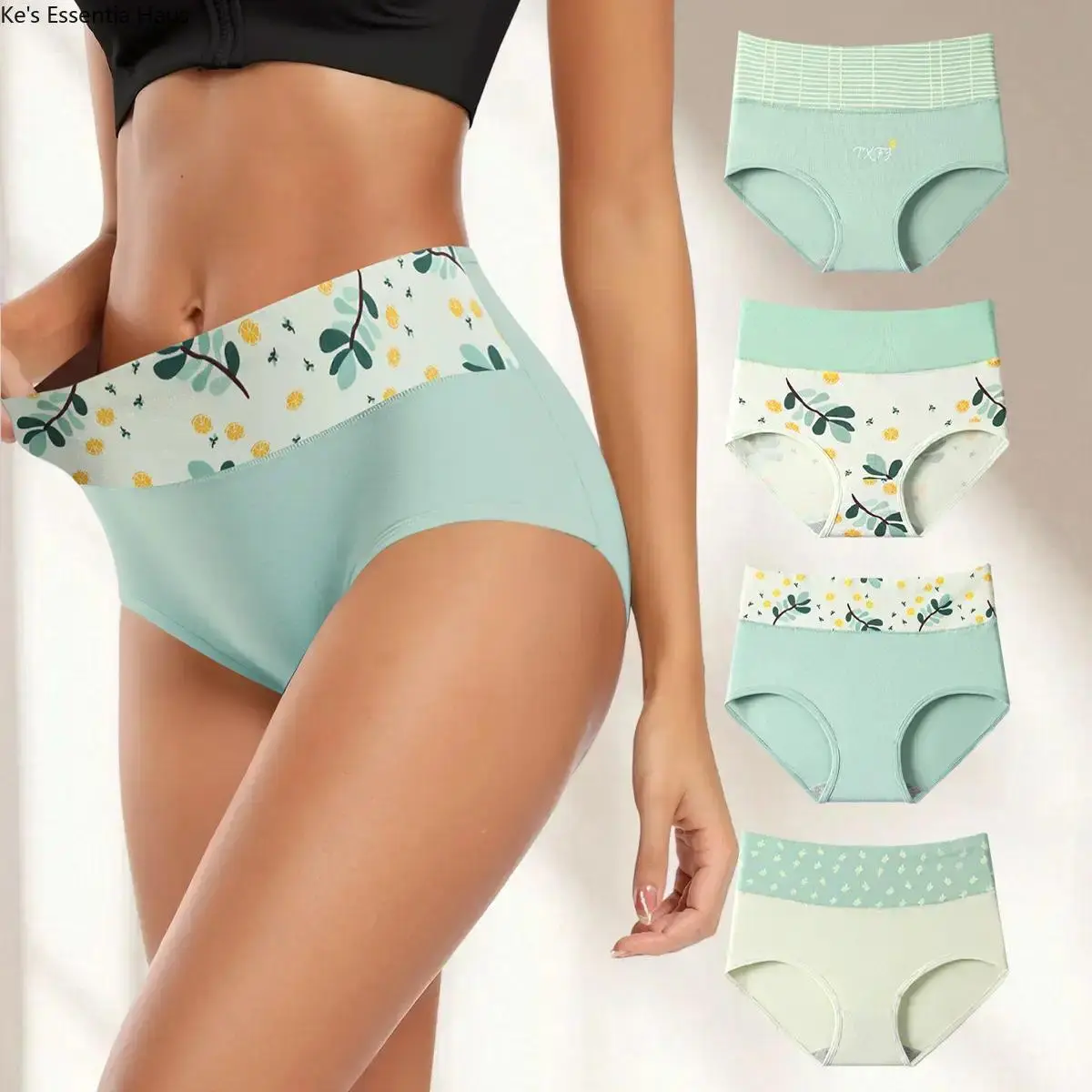Women's Fresh Green High-Waisted Cotton Underwear, 4-Pack Premium Washable Panties with Daily Wear, Hugging & Comfortable Fit, Plus Size XS-XXL, Mixed Colors, Cotton Underwear Women