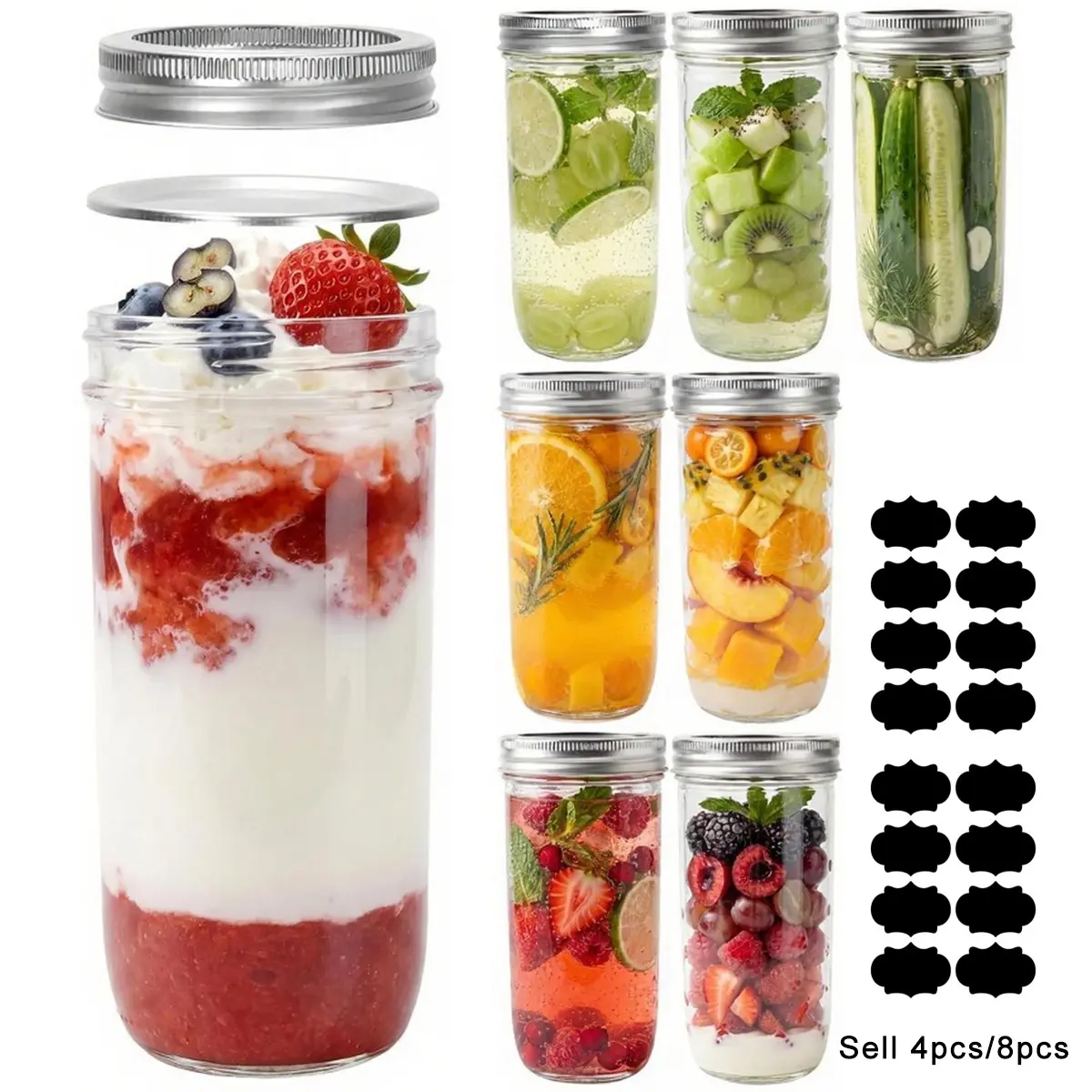 4/8 Pack Wide Mouth Mason Jars, 24oz Canning Jars with Lids, Food Storage Containers, Ideal for Jam, Sauce, Juice, Coffee, Pickles, Fruits, Desserts